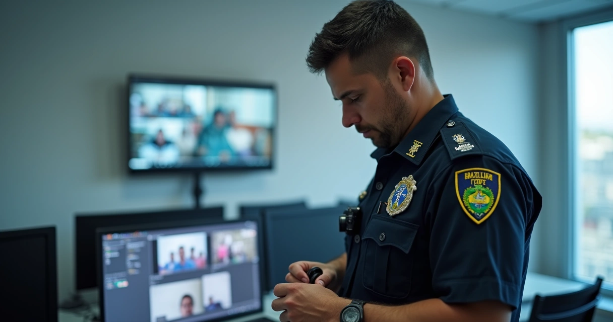 Policial brasileiro ajustando câmera corporal na farda 