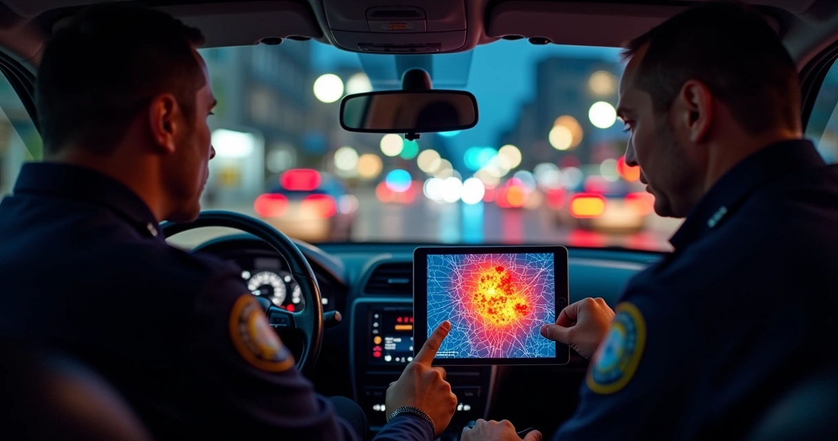 Policiais analisando mapa digital em viatura urbana à noite 