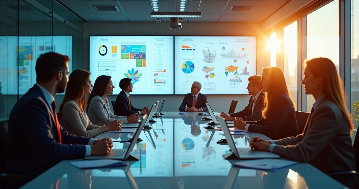 Mesa de reuniões com pessoas analisando gráficos digitais e políticas públicas escritas nos papéis 