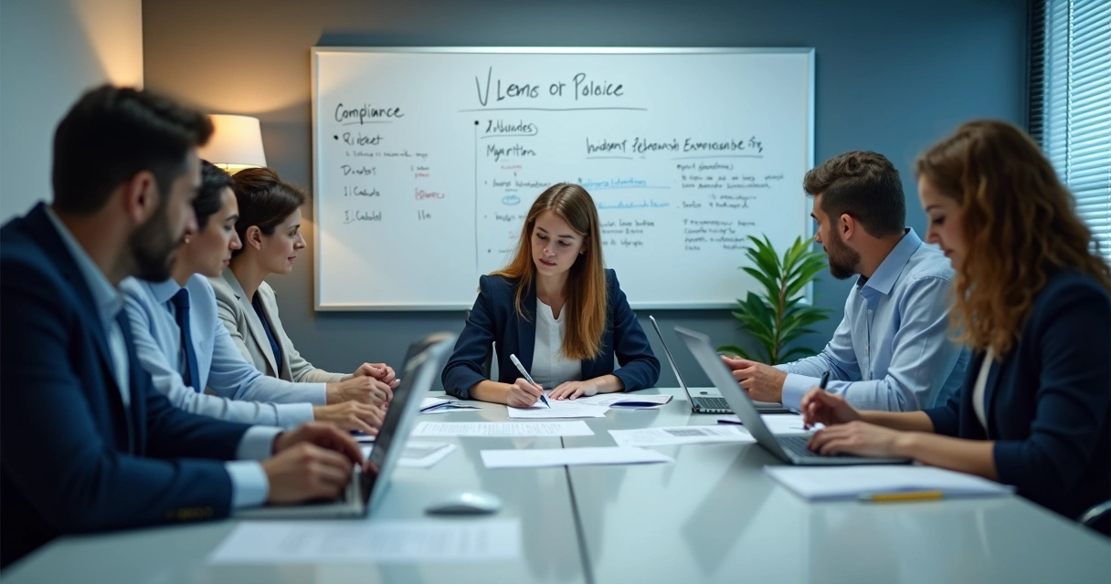 Team of professionals creating cybersecurity policies at a desk 