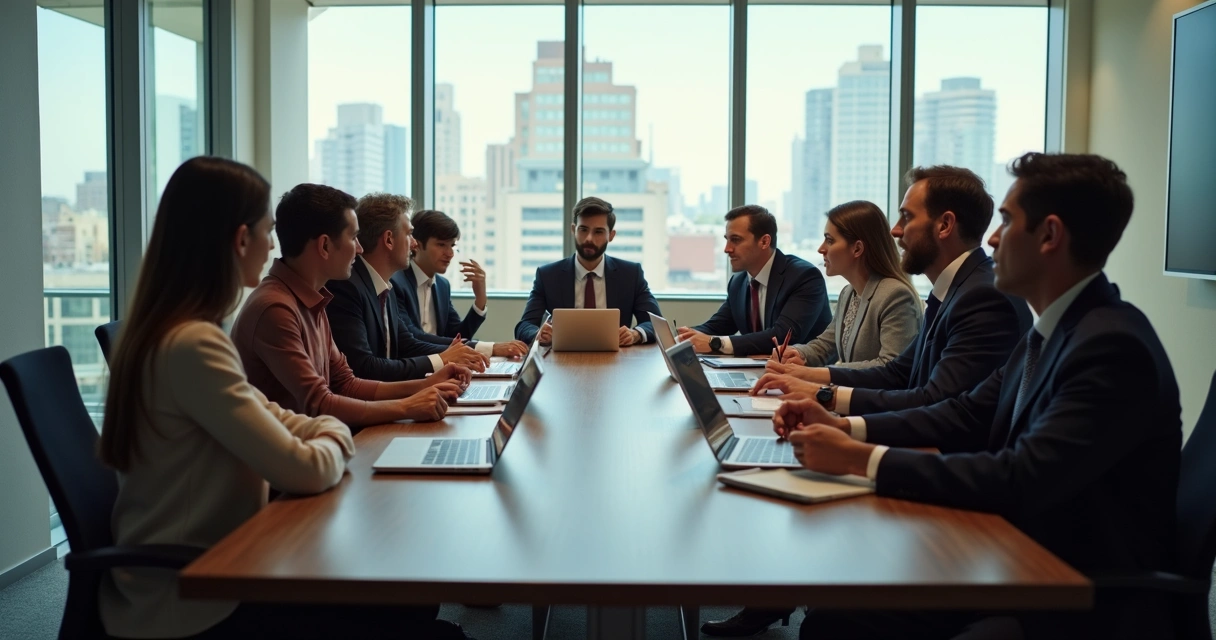 Conference room with people debating public policies, large windows, cityscape background 
