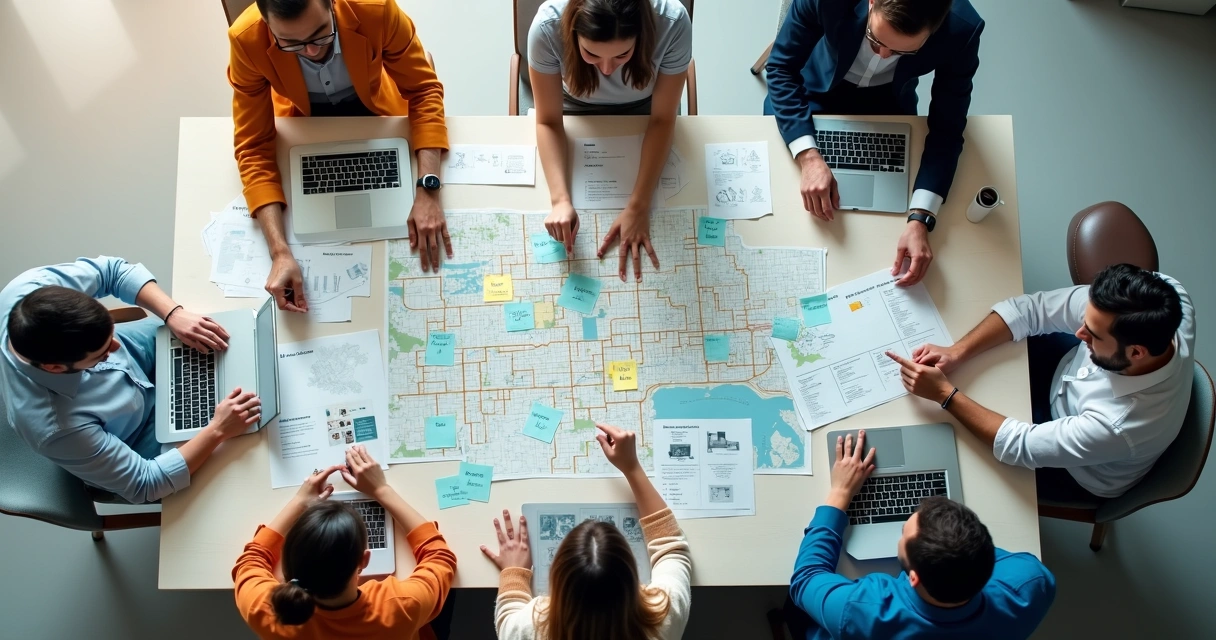 Policy team reviewing notes and city maps 