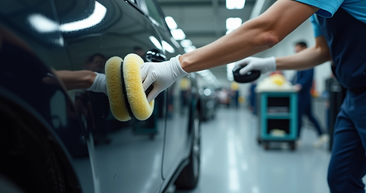 Profissional realizando polimento em pintura automotiva brilhante 