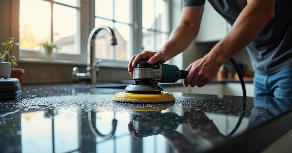Polimento de bancada de granito preta em apartamento moderno 