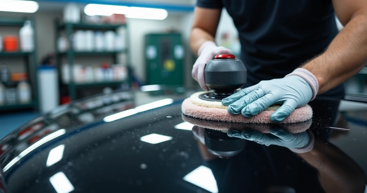 Mão de profissional aplicando polimento automotivo em capô de carro preto em oficina bem iluminada 