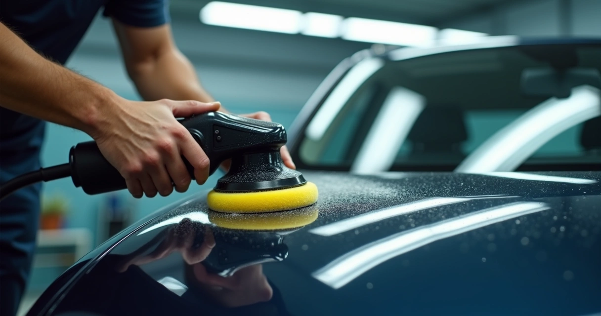 Técnico aplicando polimento em veículo com máquina e boina especial, detalhando a superfície do carro 