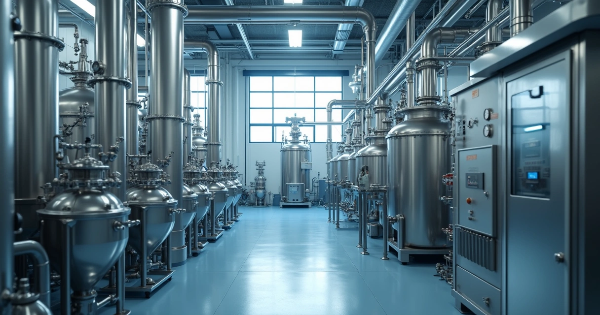 Reator industrial de polimerização com tubulações e painel de controle 