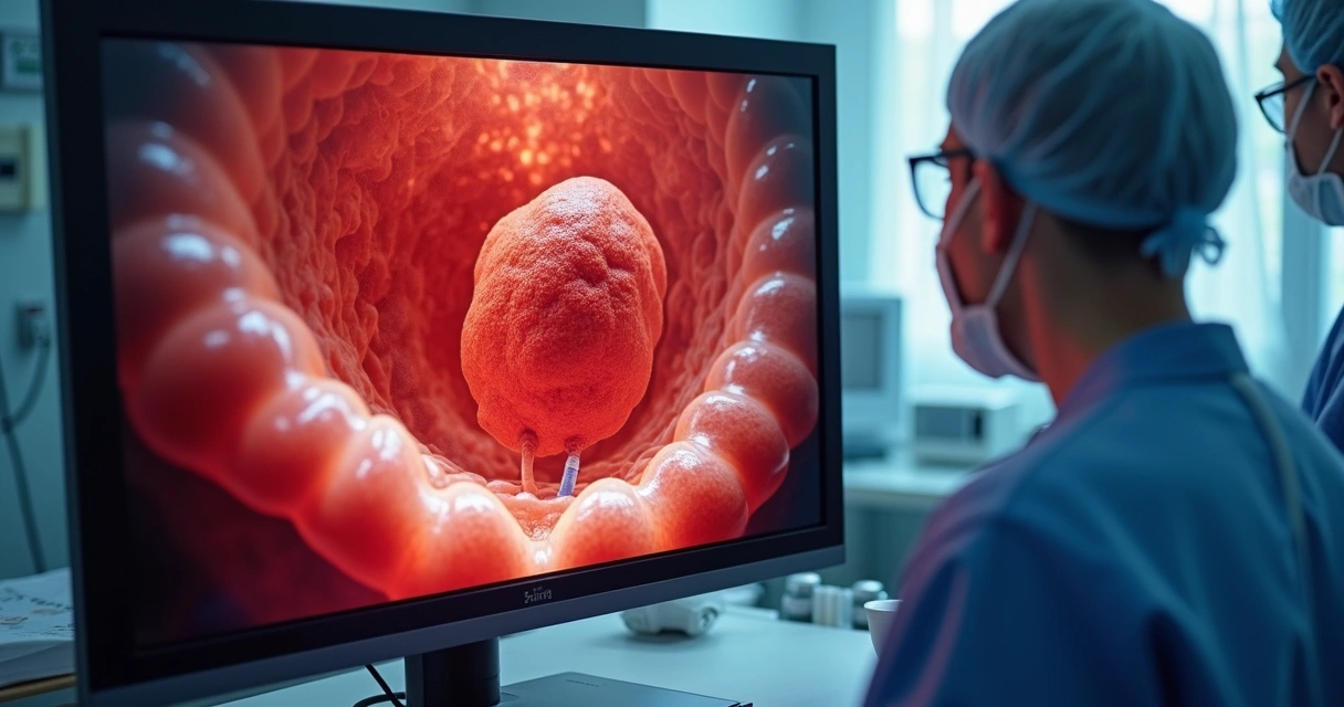 Pólipo intestinal visualizado durante colonoscopia 