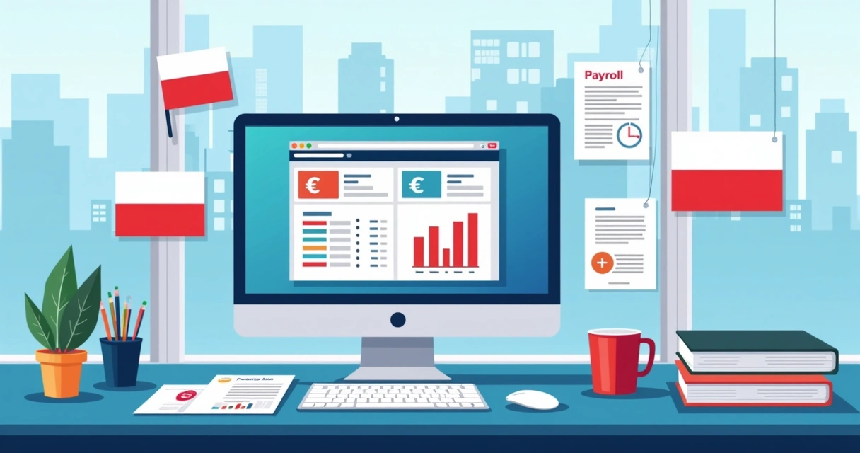 Payroll data on computer showing Polish zloty and euros 
