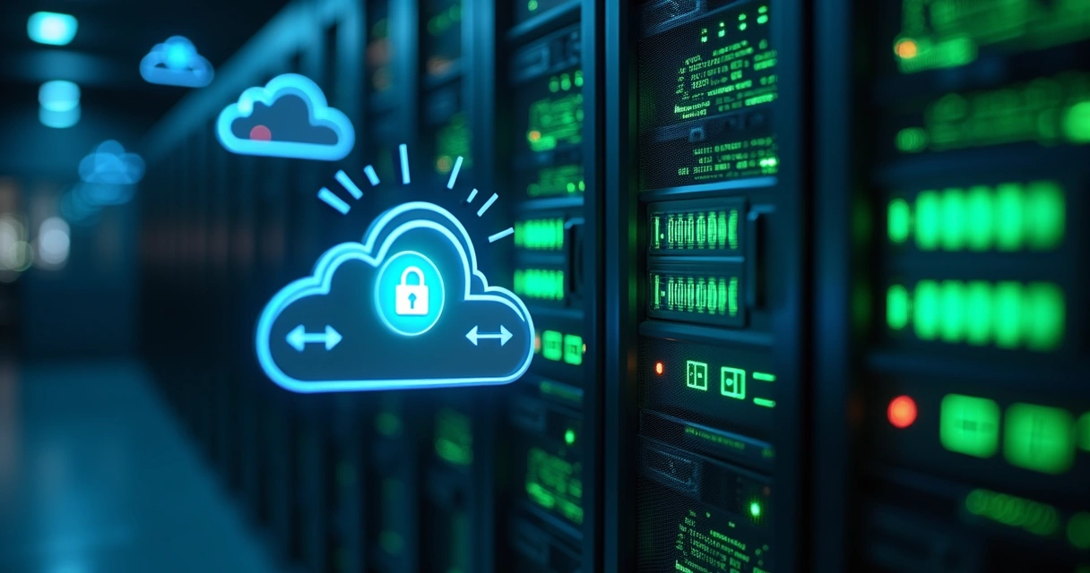 Servidor com cabos organizados mostrando backup em nuvem ativado e luzes verdes indicando segurança 