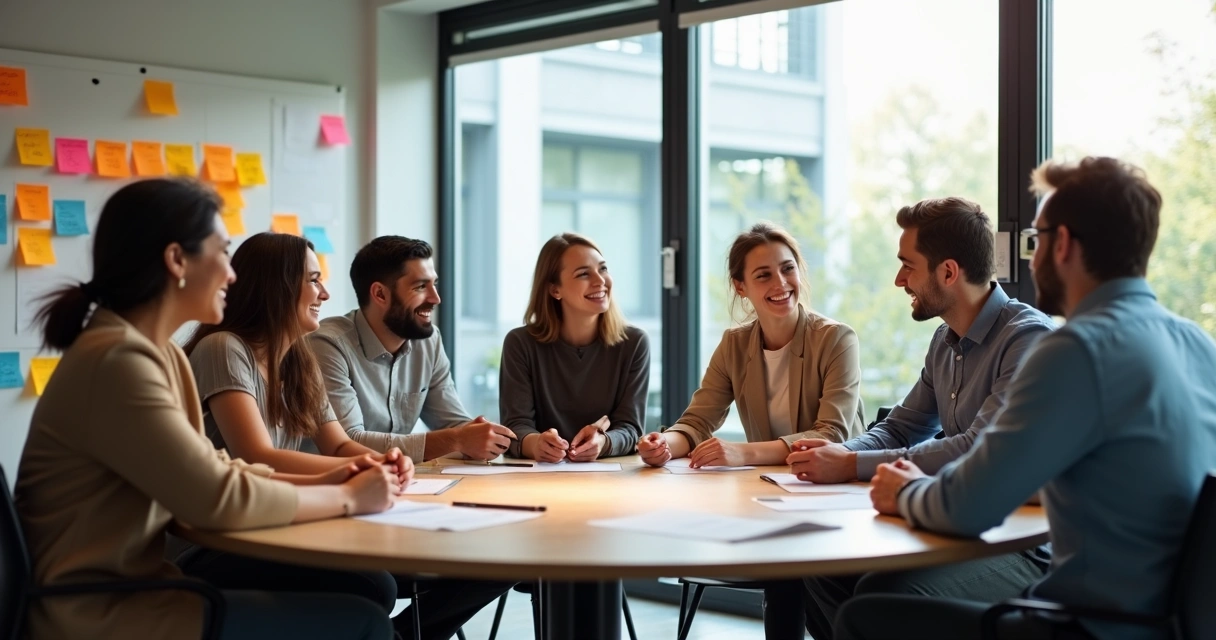 Colaboradores reunidos em uma sala de reuniões, demonstrando interação saudável