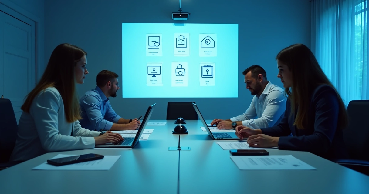 Reunião de equipe avaliando política de BYOD, diversas pessoas com notebooks e celulares na mesa 