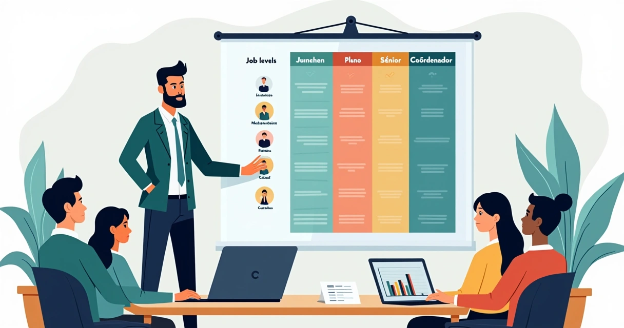 Ilustração de dono de pequena empresa definindo cargos e faixas salariais em um quadro organizado 