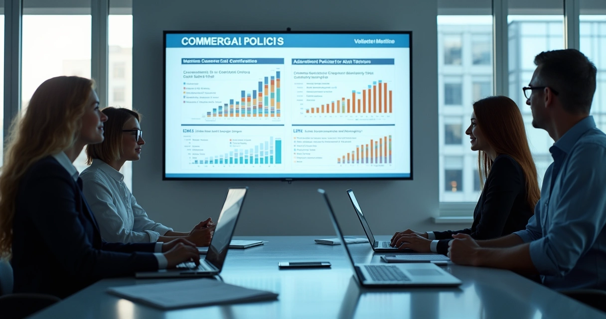 Pessoas em reunião digital analisando condições comerciais em tela.