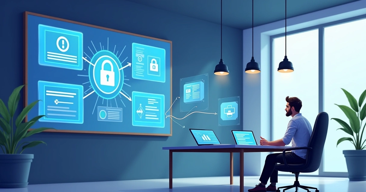 Gestor analisando políticas de controle de acesso em painel digital durante reunião sobre dados 