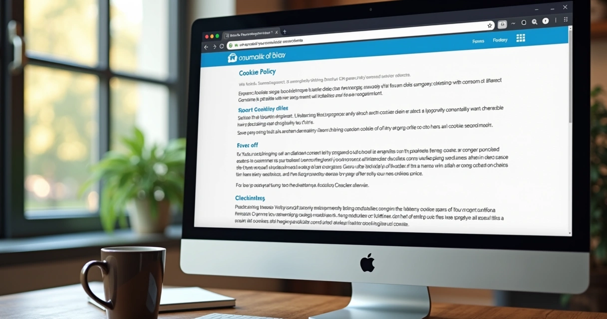 Página de política de cookies detalhada em site de fundo branco, com textos claros e categorias visíveis. 