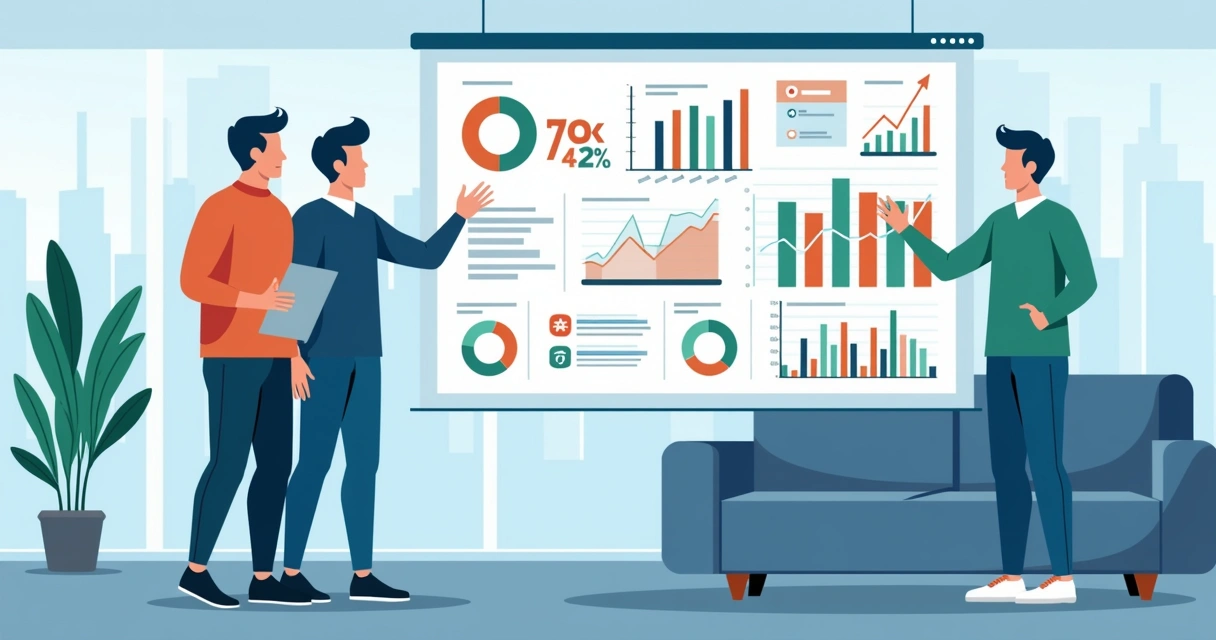 Gráfico com dados digitais e pessoas analisando em um escritório 