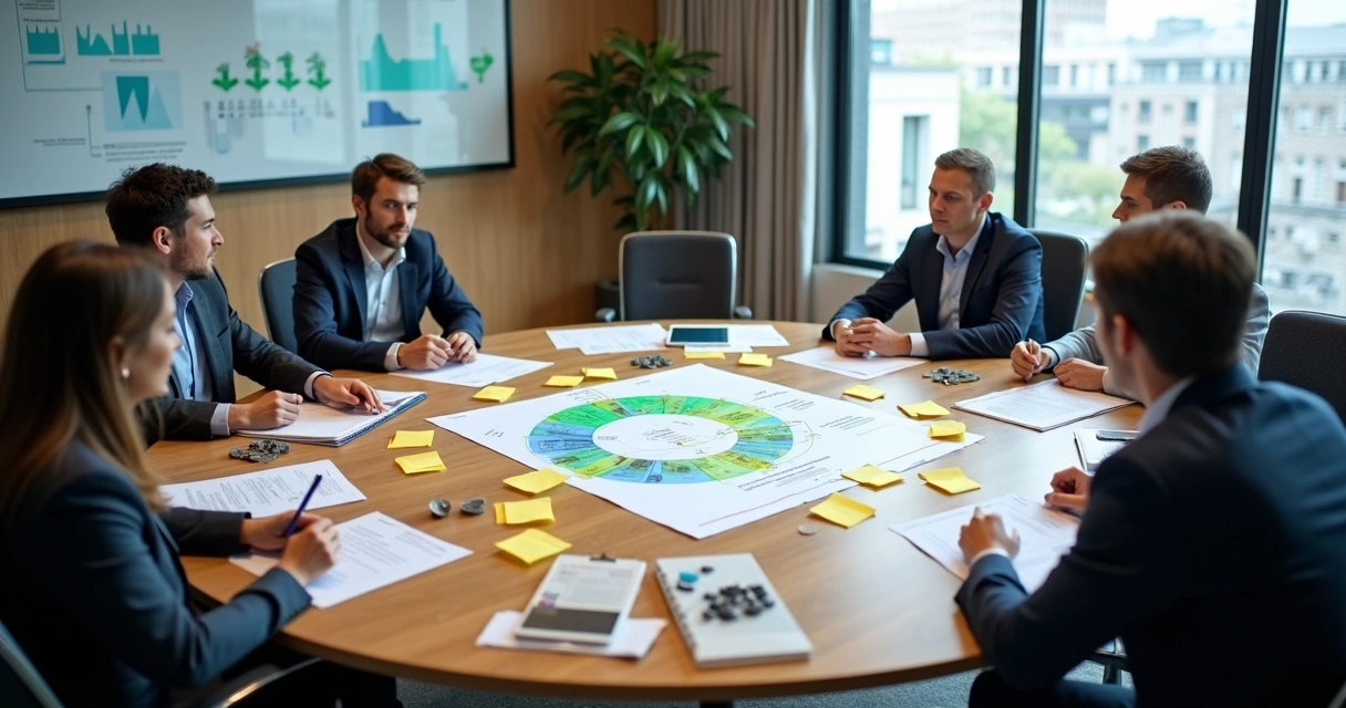 Reunião de gestores municipais em ambiente moderno discutindo proposta de regulação, com destaque para gráficos, papéis oficiais e símbolos ligados à reciclagem e economia circular