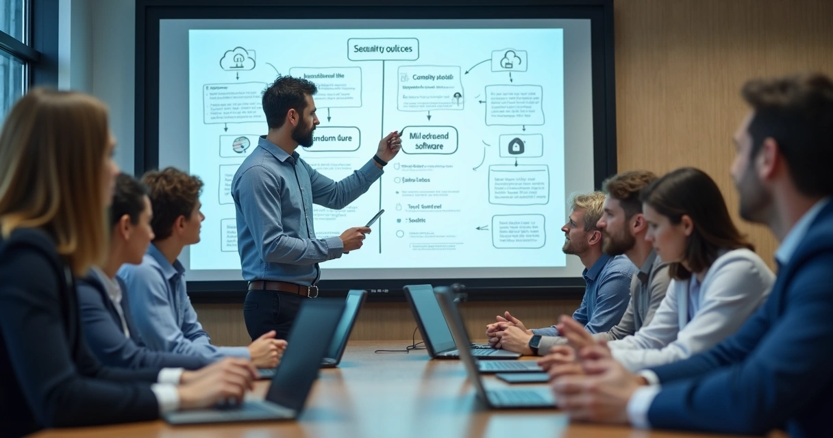 Equipe de TI instruindo colaboradores em reunião 