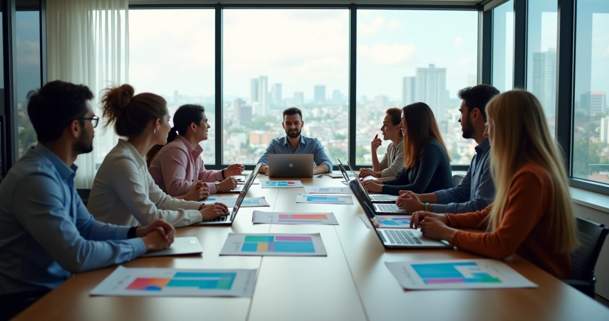 Equipe startup em reunião sobre política de gestão de pessoas 