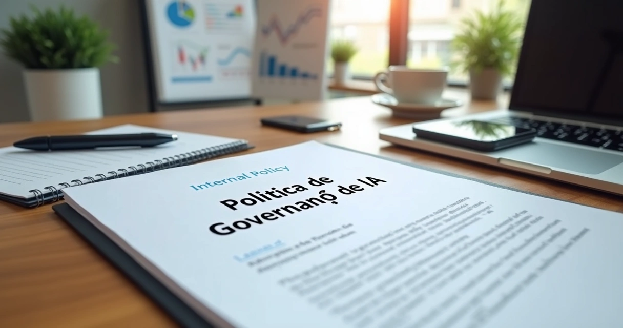 Documento de política interna de governança de IA sobre mesa com computador e itens corporativos 