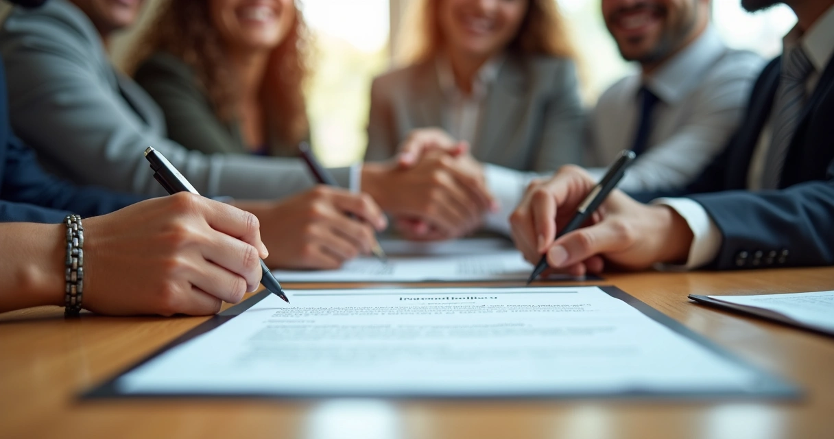 Documento de política empresarial sendo assinado por equipe diversa 