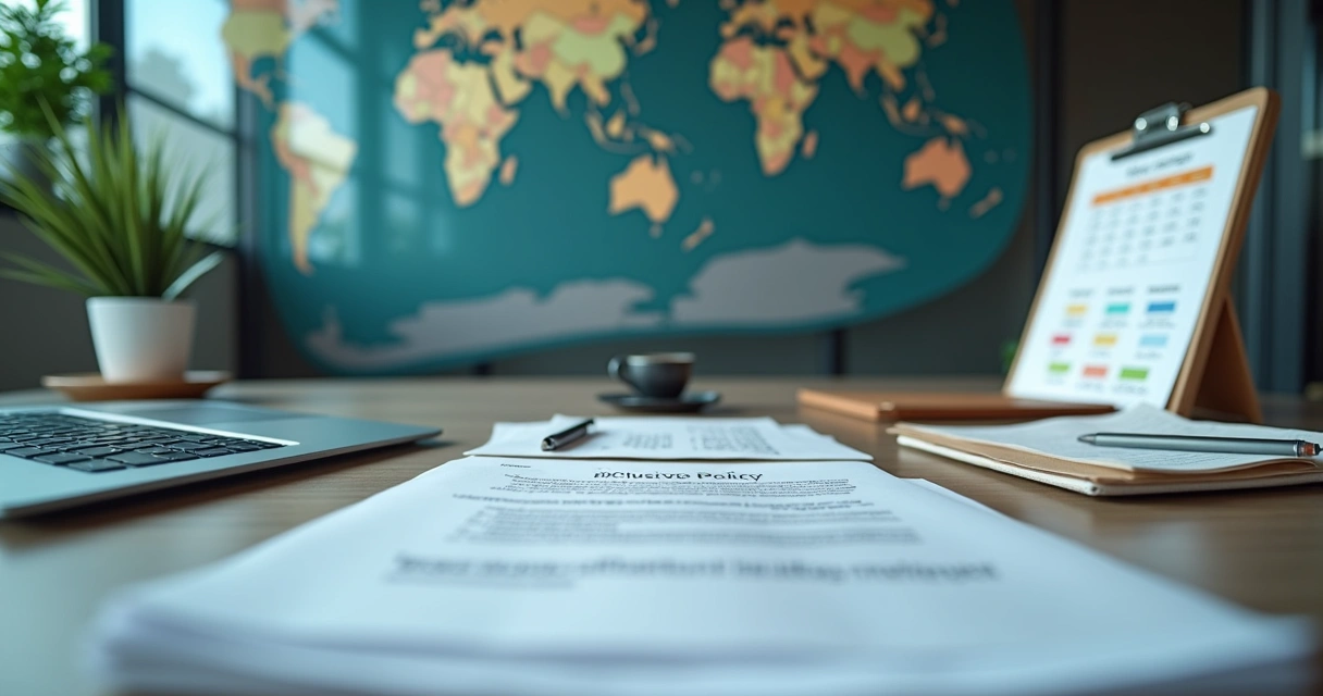 Documento de políticas inclusivas com mapa-múndi e ícones de colaboração