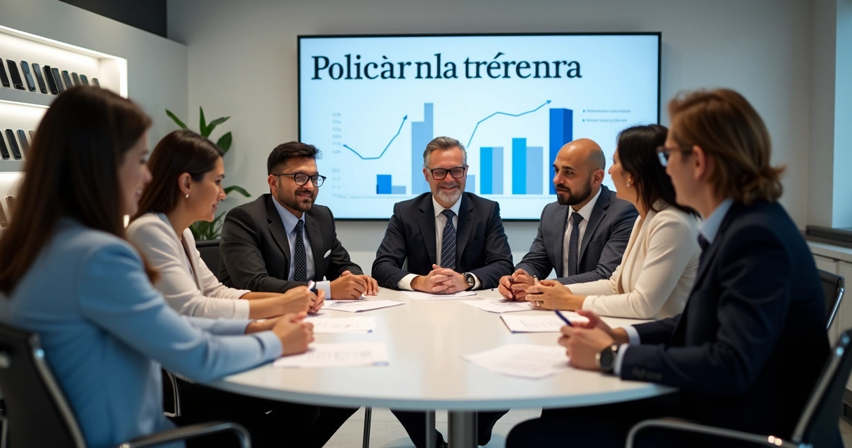 Equipe de loja de celular discutindo política interna financeira em mesa redonda 