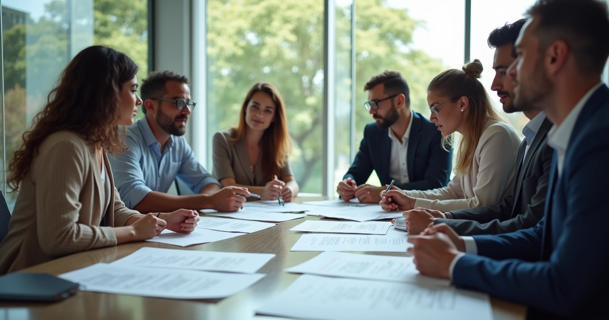 Reunião de equipe discutindo documento de política organizacional na mesa de trabalho 