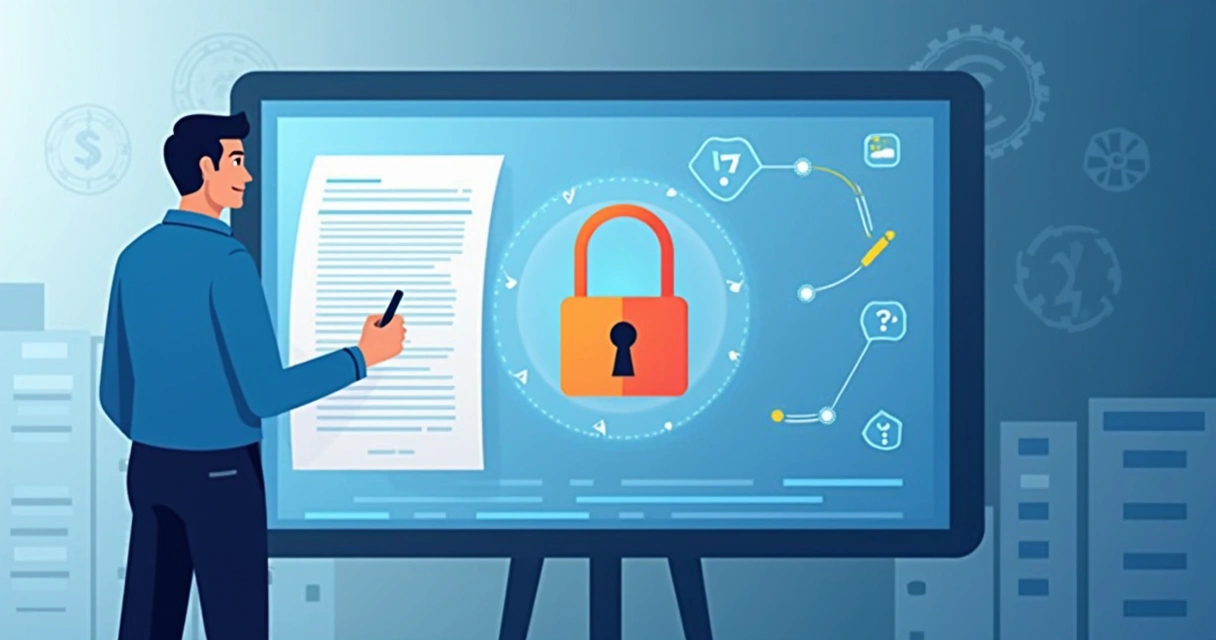 Gestor com camisa azul revisando documento digital com cadeado desenhado na tela 