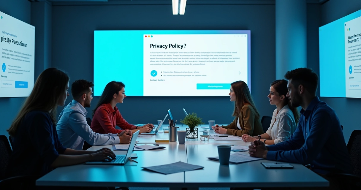 Pessoas acessando política de privacidade em telas digitais 