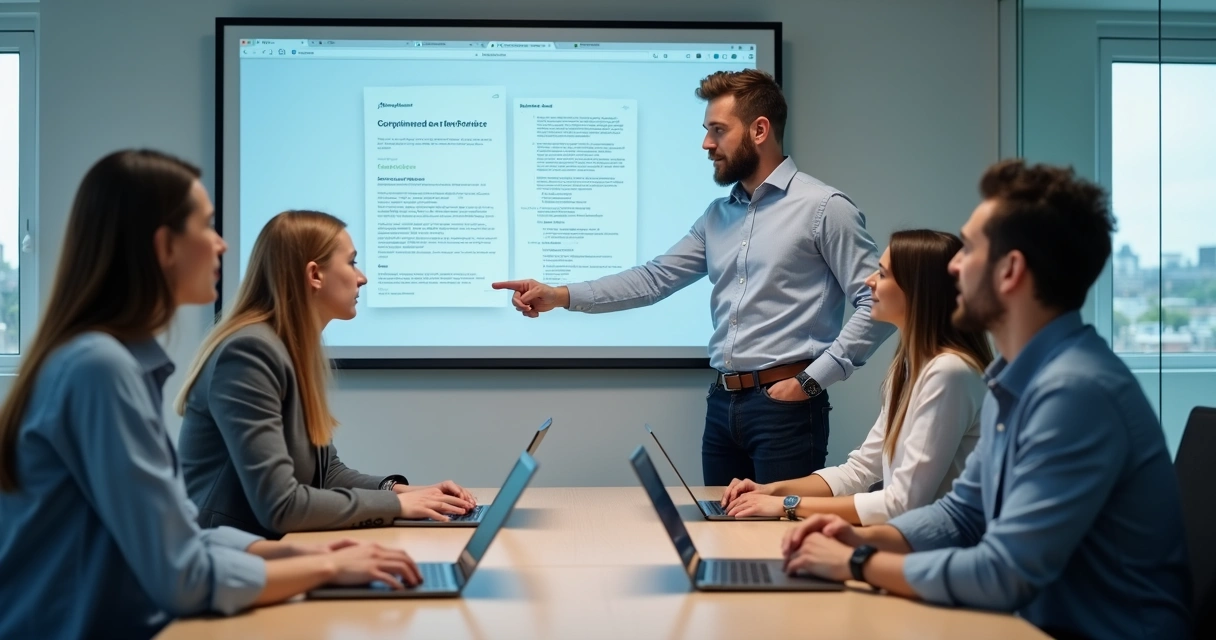 Homem apontando para tela de laptop com política de privacidade aberta ao lado de colegas em sala corporativa 