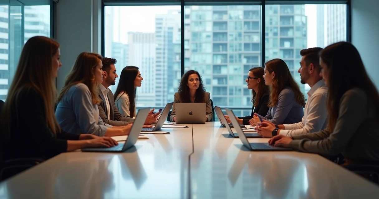 Equipe reunida discutindo política de privacidade financeira em reunião com documentos na mesa 