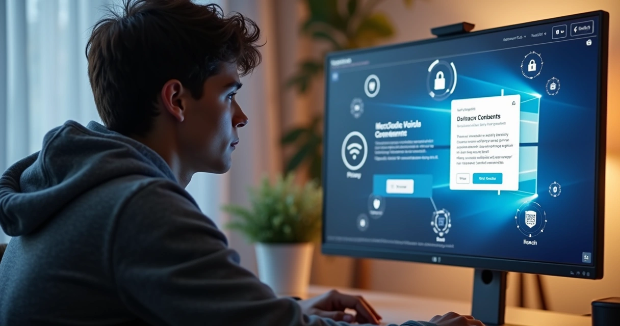 Usuário navegando tranquilamente em site com aviso de cookies e textos sobre privacidade 