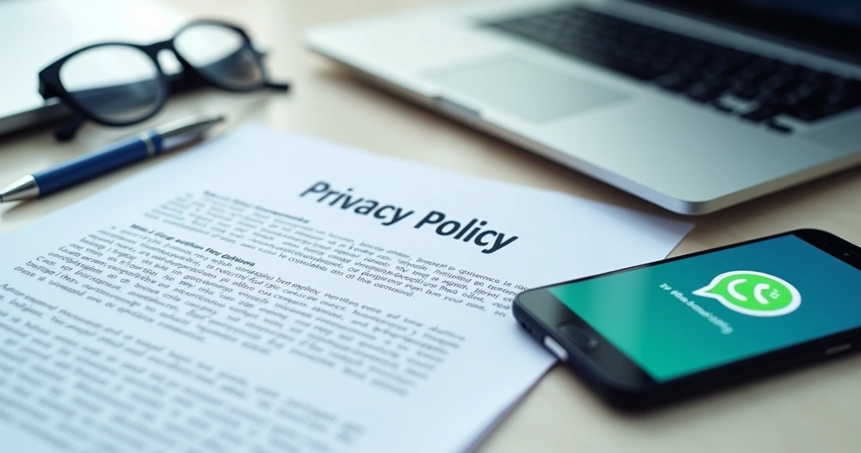 Documento de política de privacidade ao lado de celular com chat