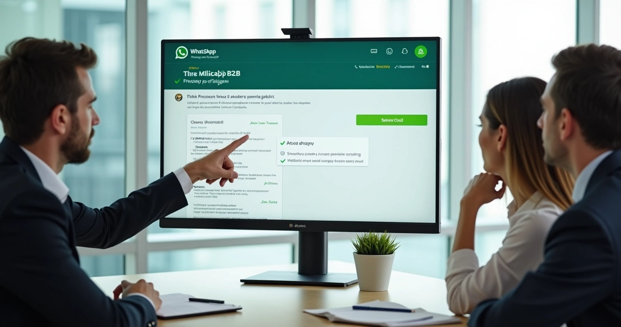 Equipe revisando política de privacidade em monitor com WhatsApp B2B 