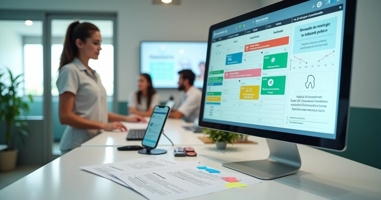 Recepção de clínica odontológica com rotina organizada de reagendamentos e controle de no-show em tela digital 