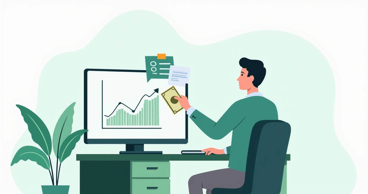 Sócio recebendo valor em dinheiro perante tela com gráfico financeiro 