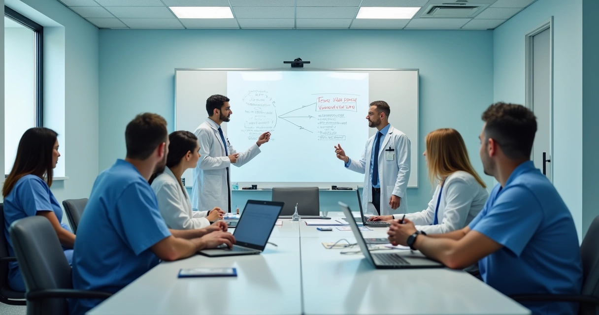 Reunião de equipe médica analisando políticas de direitos do paciente, quadro branco e computadores 