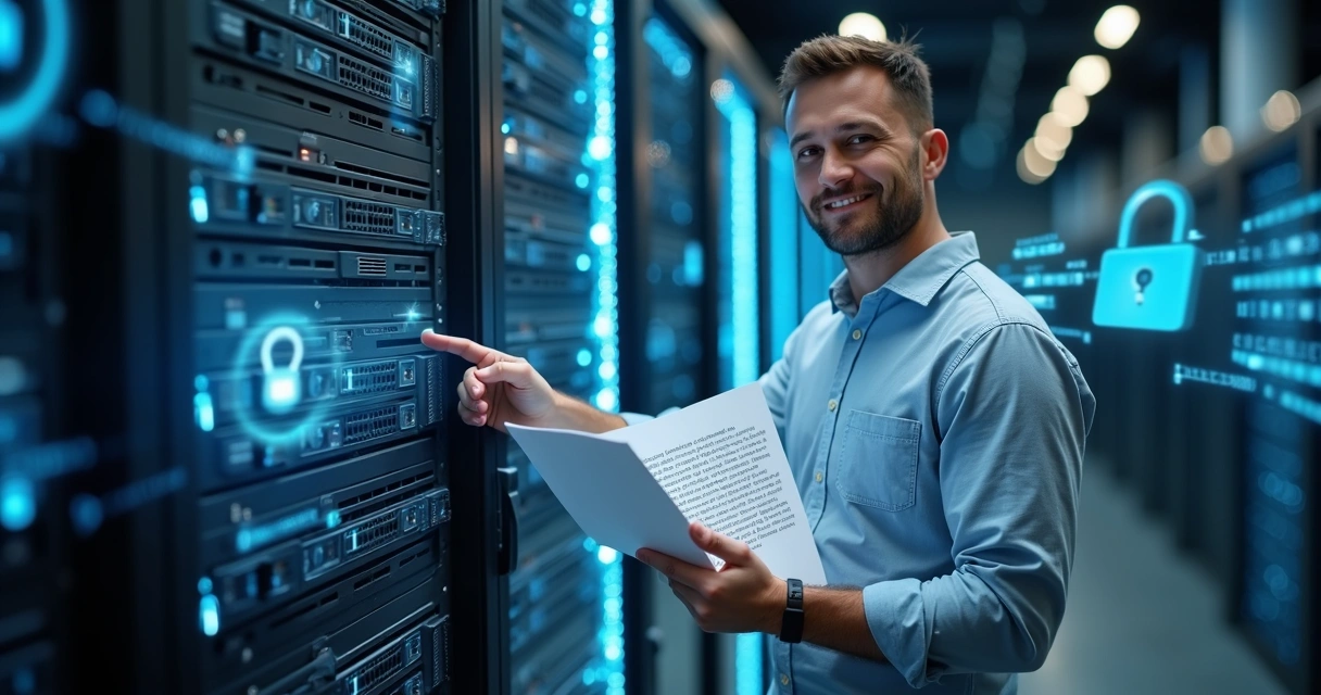 Administrador de TI mostrando política de segurança em papel ao lado de servidor de backup 