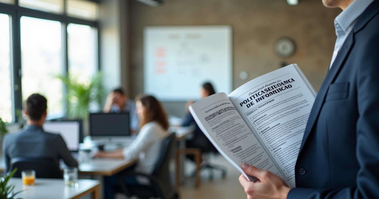 Pessoa lendo manual de segurança da informação em escritório