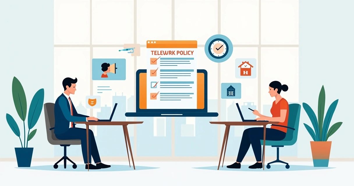 Ilustración de teletrabajo con directora de RRHH y normas legales en pantalla compartida 