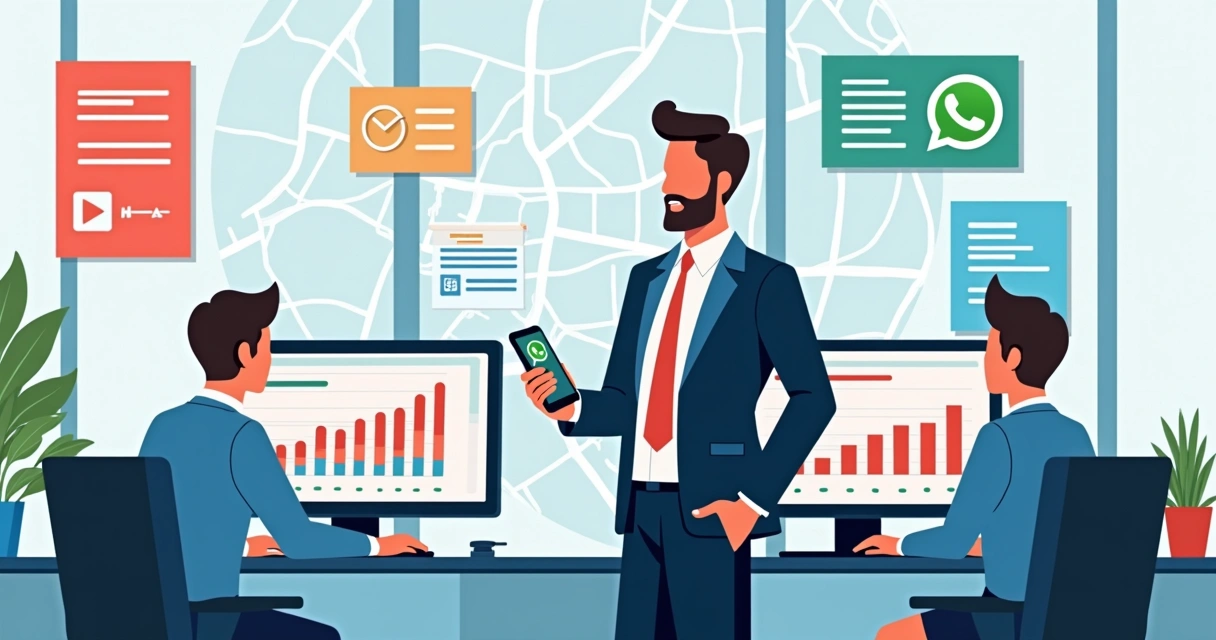 Candidato usando WhatsApp em gabinete moderno com equipe analisando mensagens políticas 
