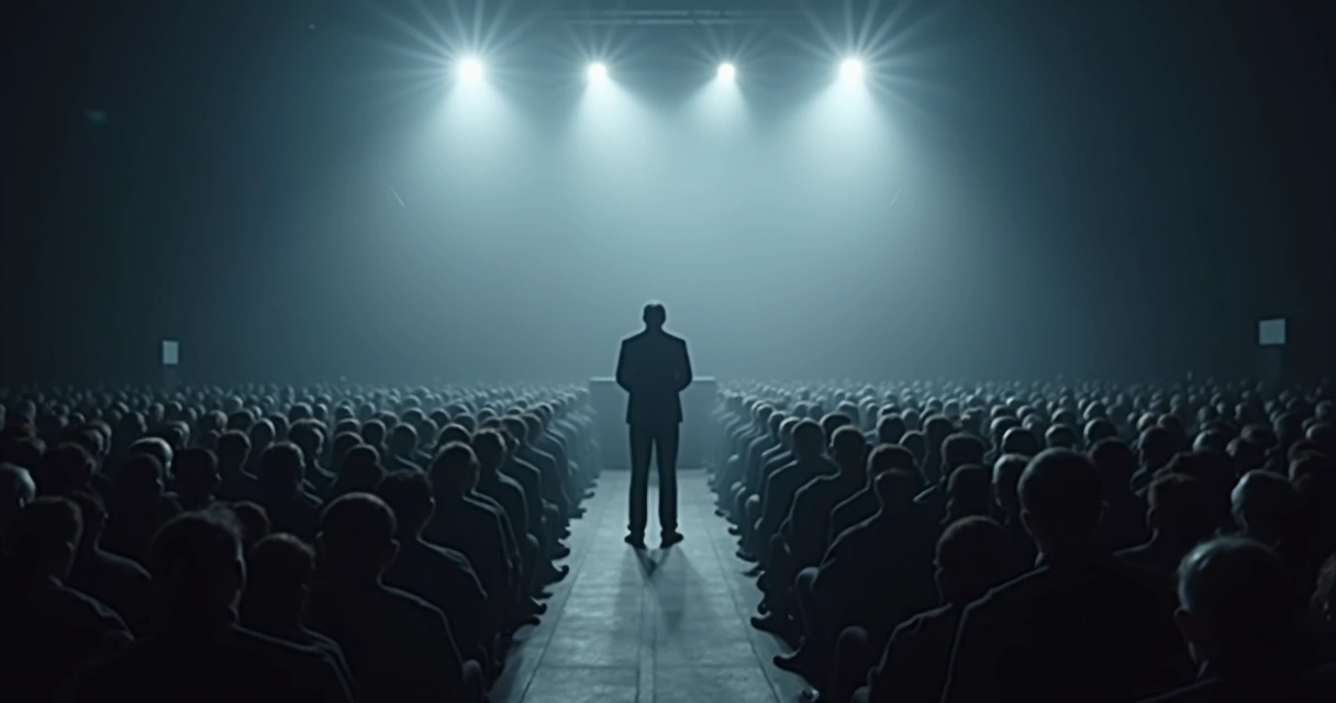 A political candidate on a large stage, with spotlights illuminating them, surrounded by a silent, expressionless crowd, highlighting avoidance of emotion 