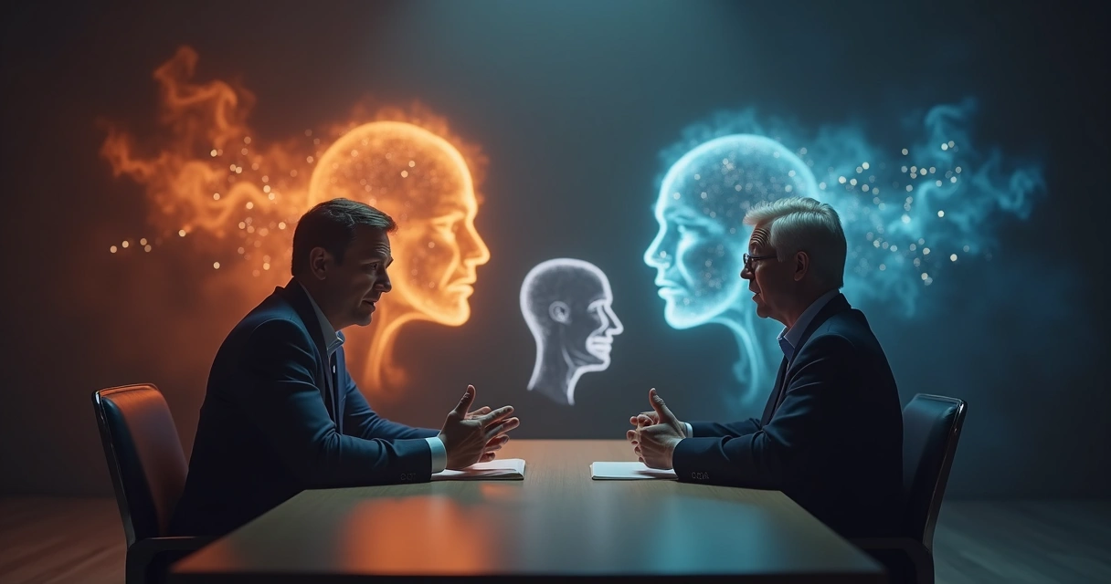 Two people in a political debate separated by a transparent emotional shadow 