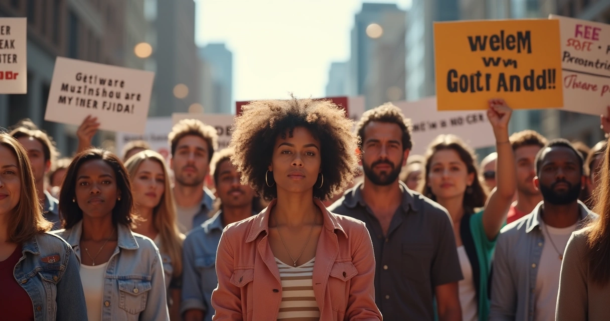 Large crowd of people at a political rally holding banners and signs. 
