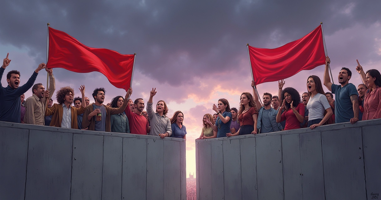 Two groups separated by a wall, each holding political banners 