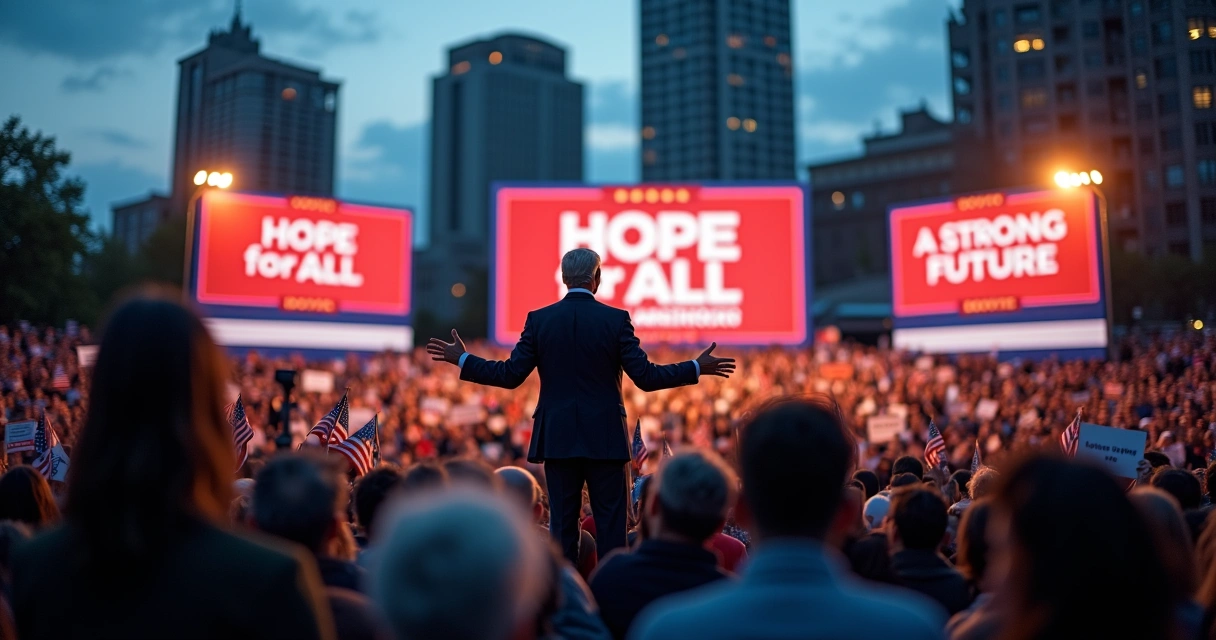 Politician at rally with split crowd showing hidden emotional tension 