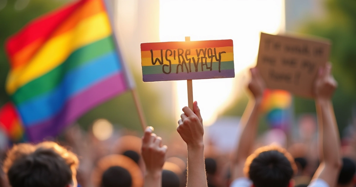 Hands holding flags and symbols in a protest. 