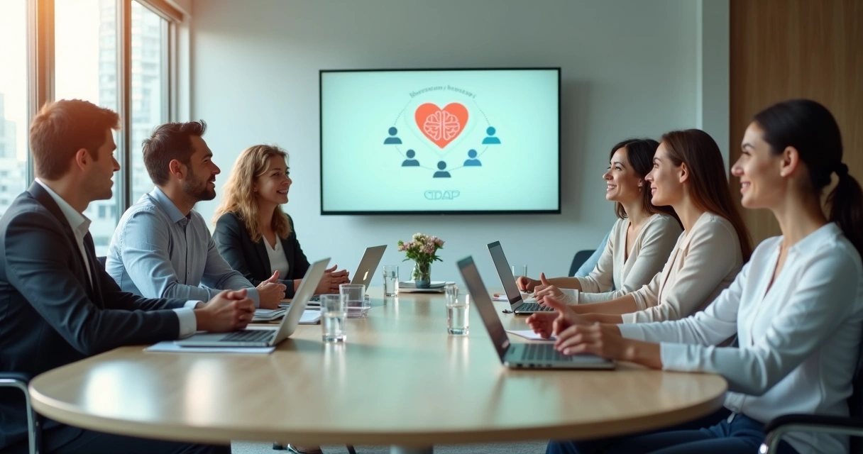 Equipe diversa em escritório moderno participando de reunião sobre bem-estar emocional 